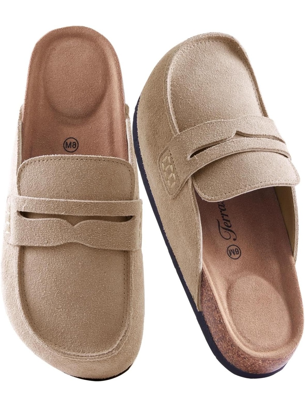 🆕 Women Beige Suede Loafer Clogs Cork Footbed Slip On Backless Penny Mules